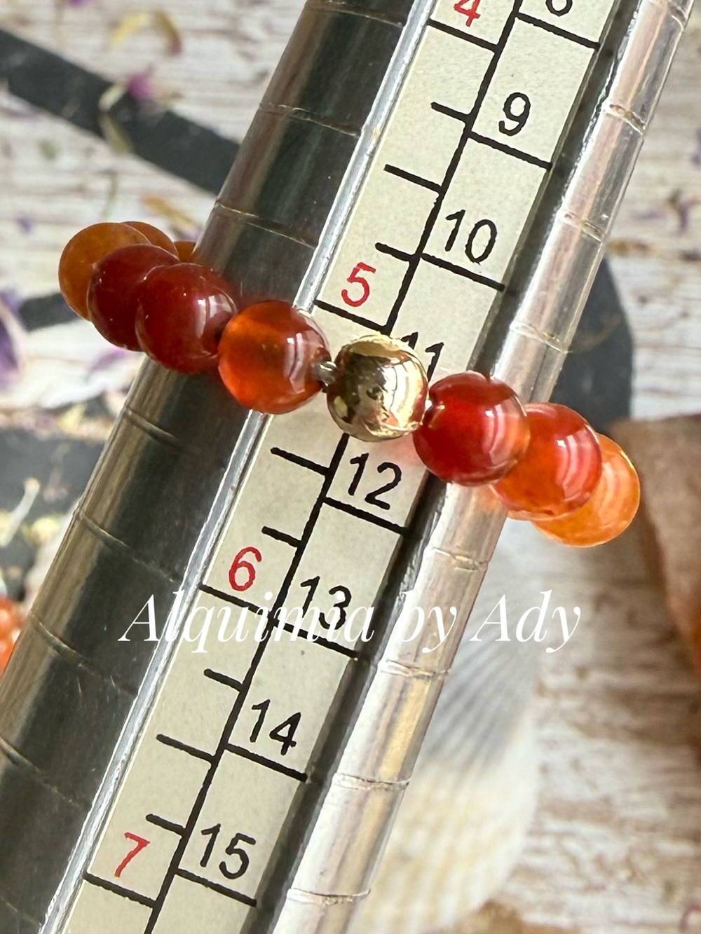 Orange-Red Carnelian Bead Ring with Gold Accent